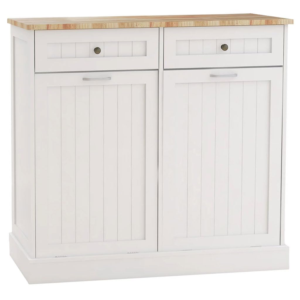 White Wooden Tilt Out Trash Can Cabinet with 2 Drawers S74747