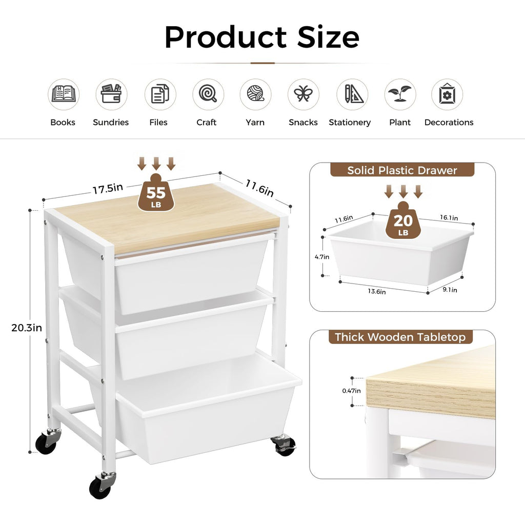 Rolling Cart with 3 Drawers, Lockable Wheels & Wooden Tabletop, Bright White C714821