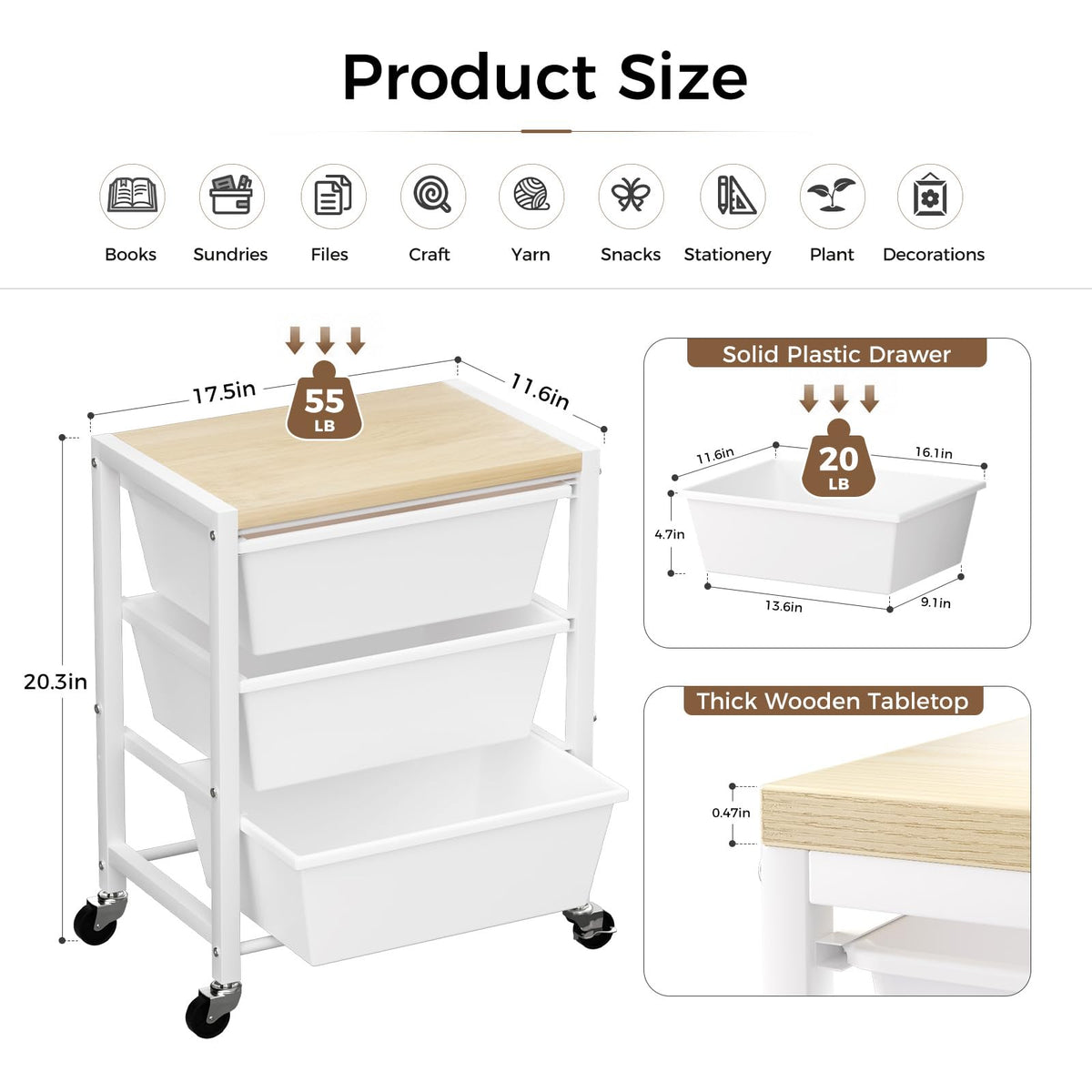 Rolling Cart with 3 Drawers, Lockable Wheels & Wooden Tabletop, Bright White C714821