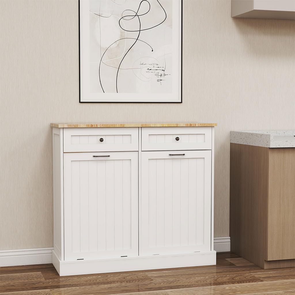 White Wooden Tilt Out Trash Can Cabinet with 2 Drawers S74747