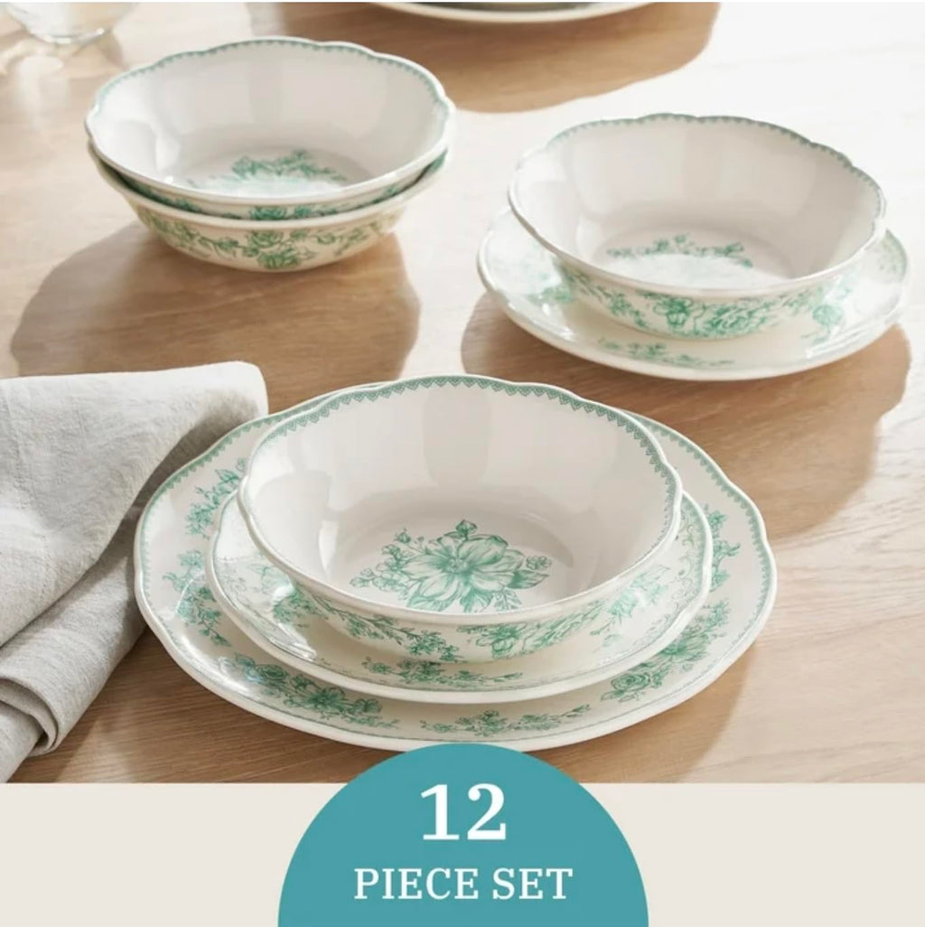 12-Piece Green Stoneware Dinnerware Set N545