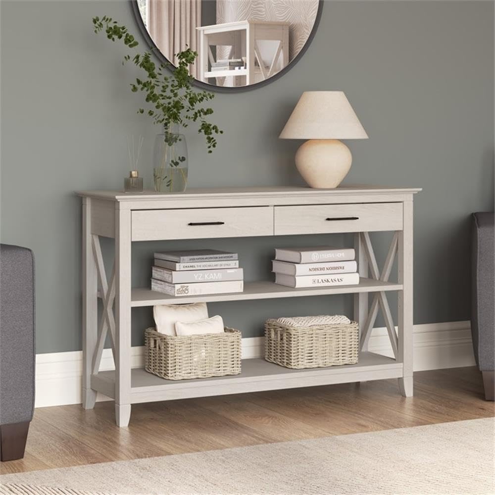 Linen White Oak Console Table with Drawers and Shelves D754