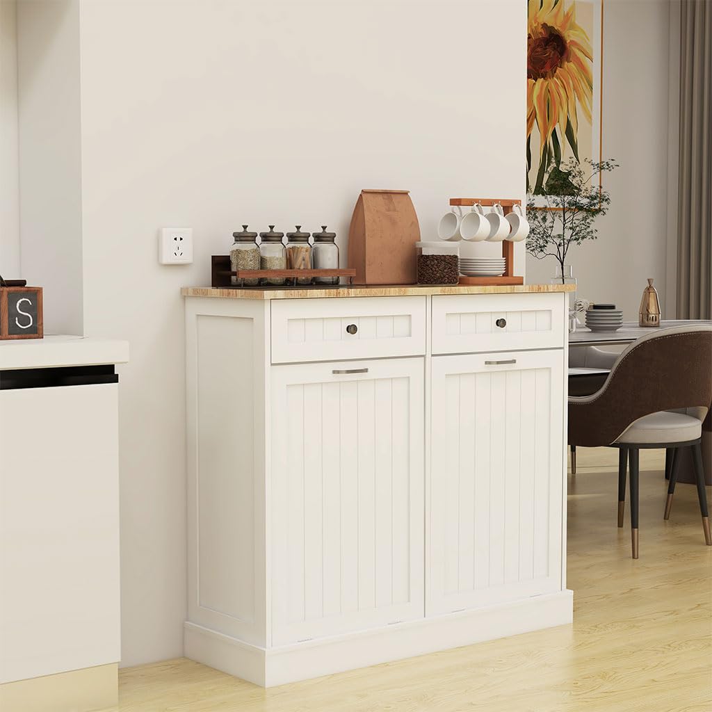 White Wooden Tilt Out Trash Can Cabinet with 2 Drawers S74747
