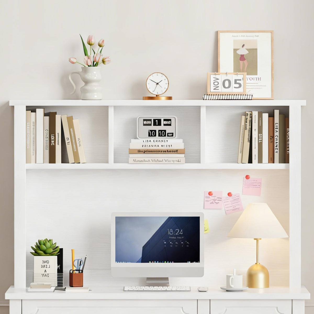 47" White and Gold Desk with Hutch and 4 Drawers R7170