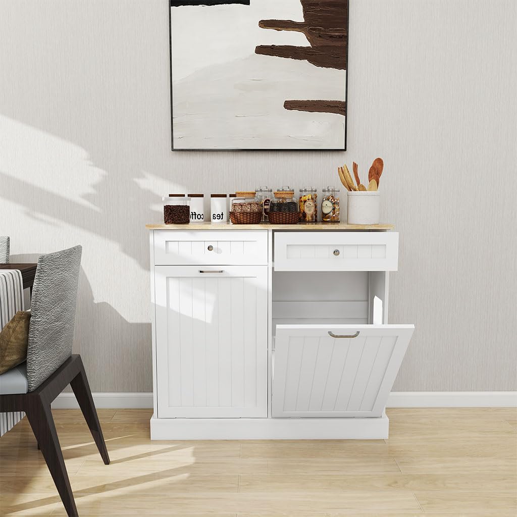 White Wooden Tilt Out Trash Can Cabinet with 2 Drawers S74747