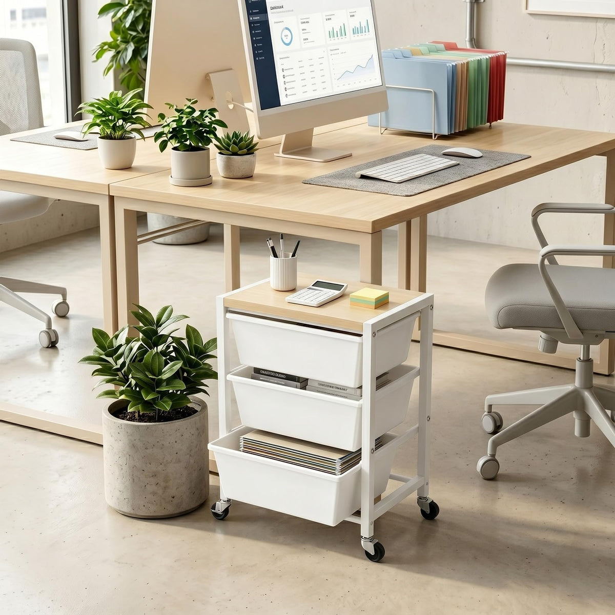 Rolling Cart with 3 Drawers, Lockable Wheels & Wooden Tabletop, Bright White C714821