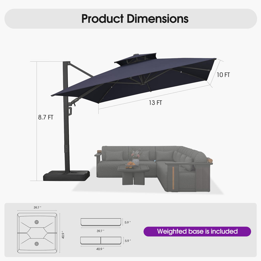 Navy Blue 10' X 13' Dual-Top Cantilever Umbrella with Base Z845063