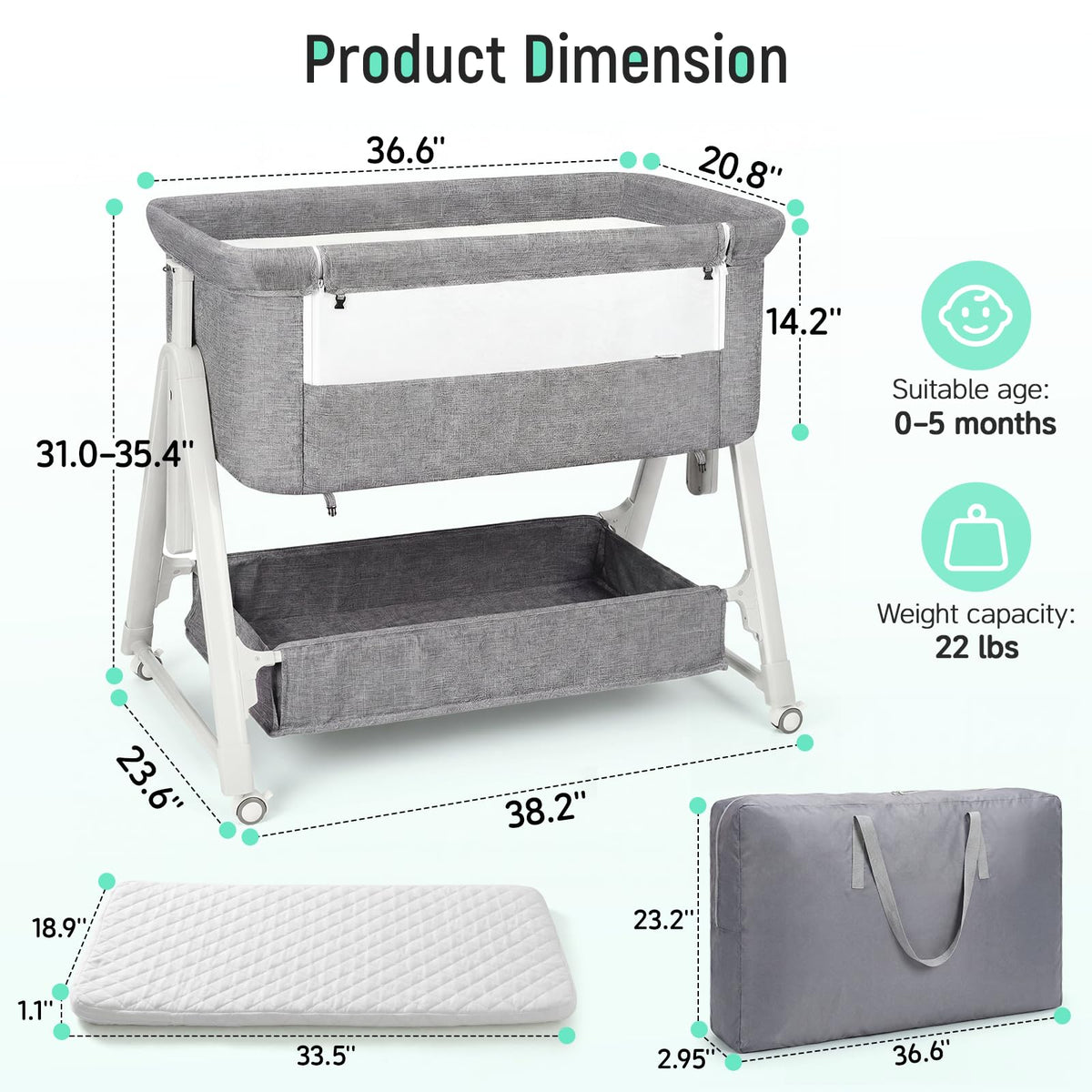 Baby Bassinet Bedside Crib with Mattress Wheel Storage Travel Bag Light Grey H497982