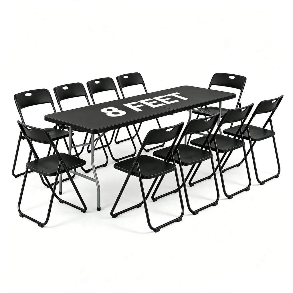Black 8 Feet Foldable Picnic Table with 10 Folding Chairs Q45543