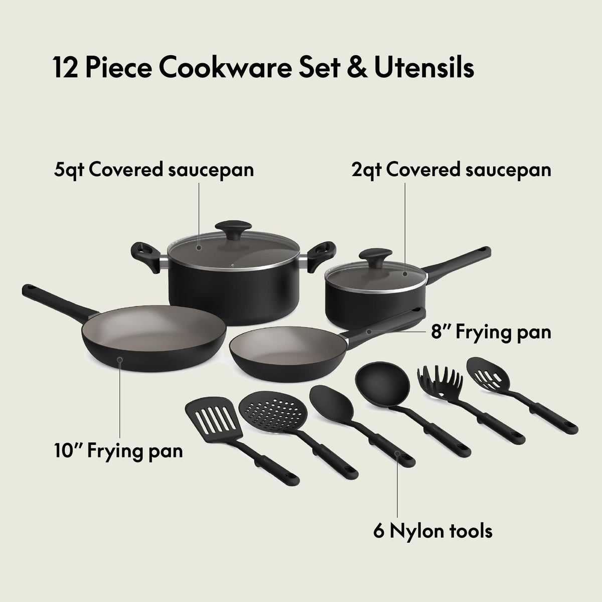 12 Piece Ceramic Nonstick Cookware Set Black B971