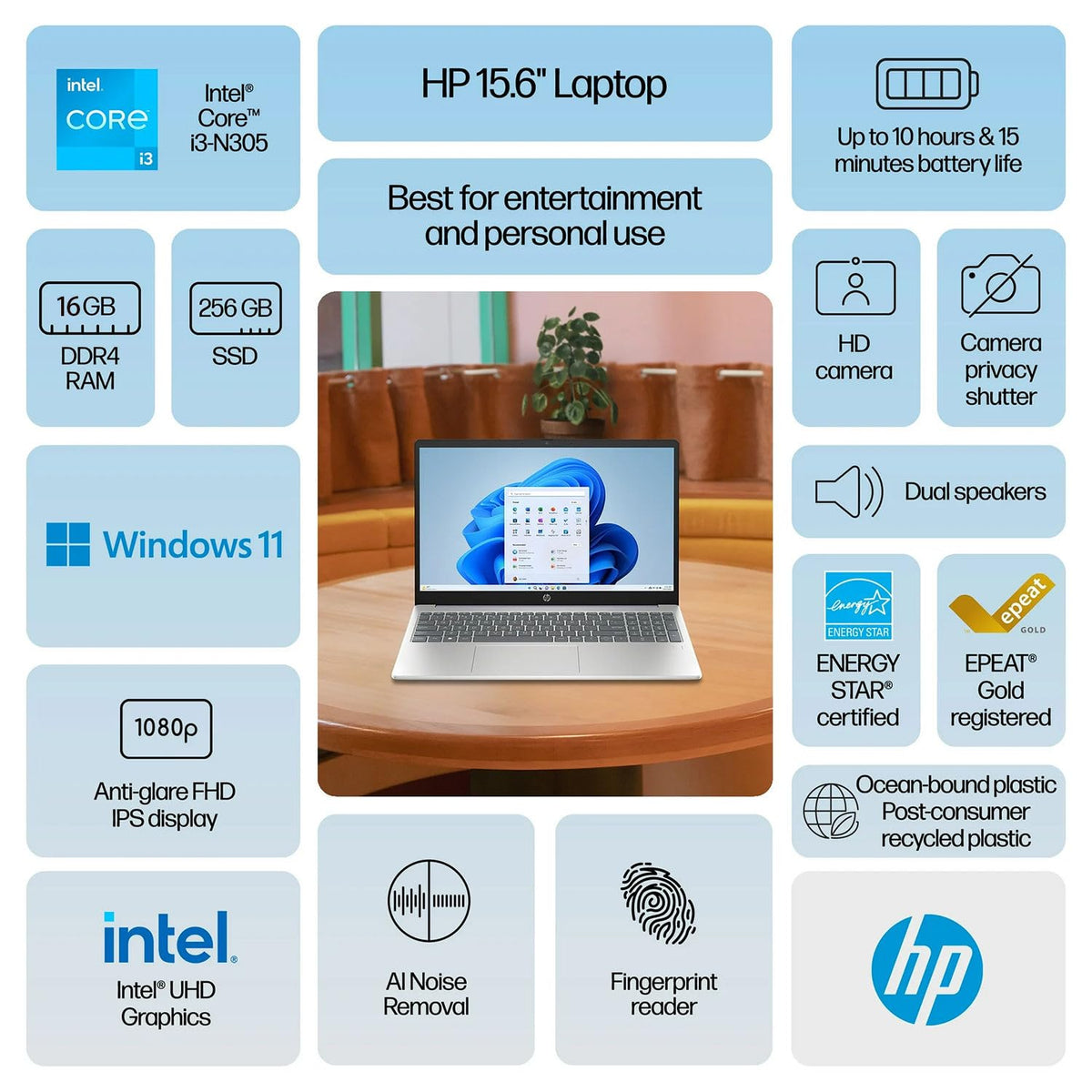 15.6" FHD Laptop with Fingerprint Reader, Intel Core i3, 8GB RAM, 256GB SSD G56498