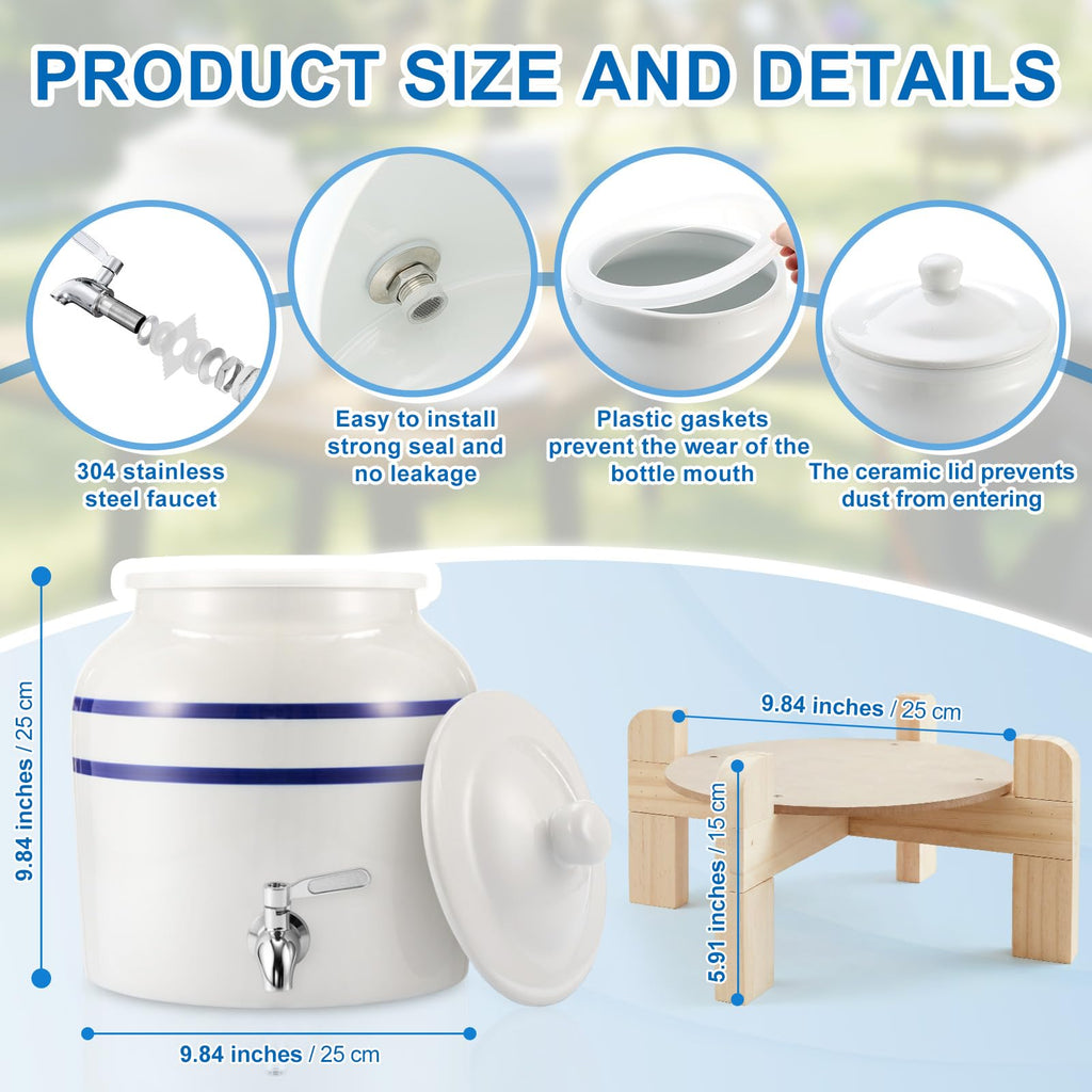 Ceramic Water Dispenser with Wood Stand and Stainless Steel Faucet V9772