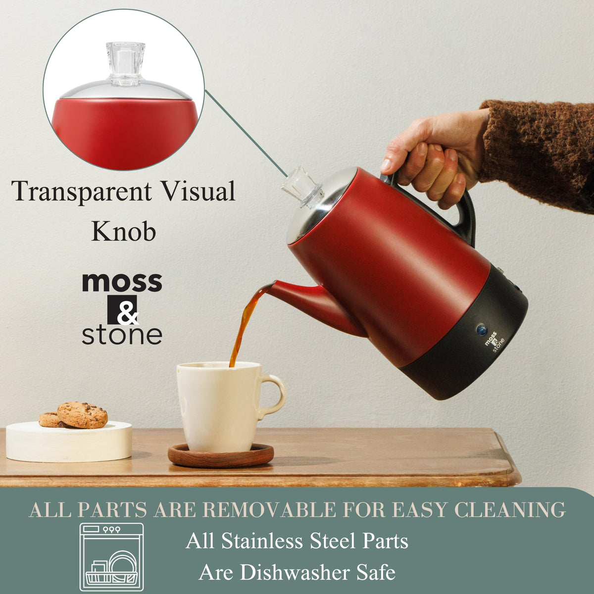 Red 10 Cups Electric Coffee Percolator with Set of 4 Glass Cups A65738