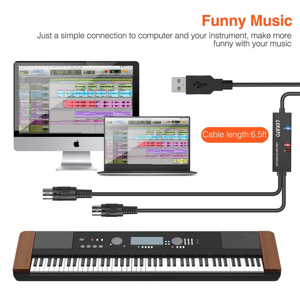 USB MIDI Cable 6.5Ft with Input & Output U6588