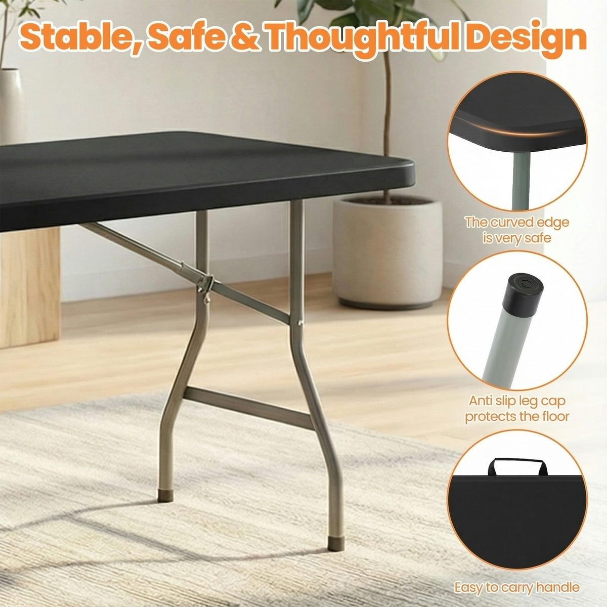 Black 8 Feet Foldable Picnic Table with 10 Folding Chairs Q45543