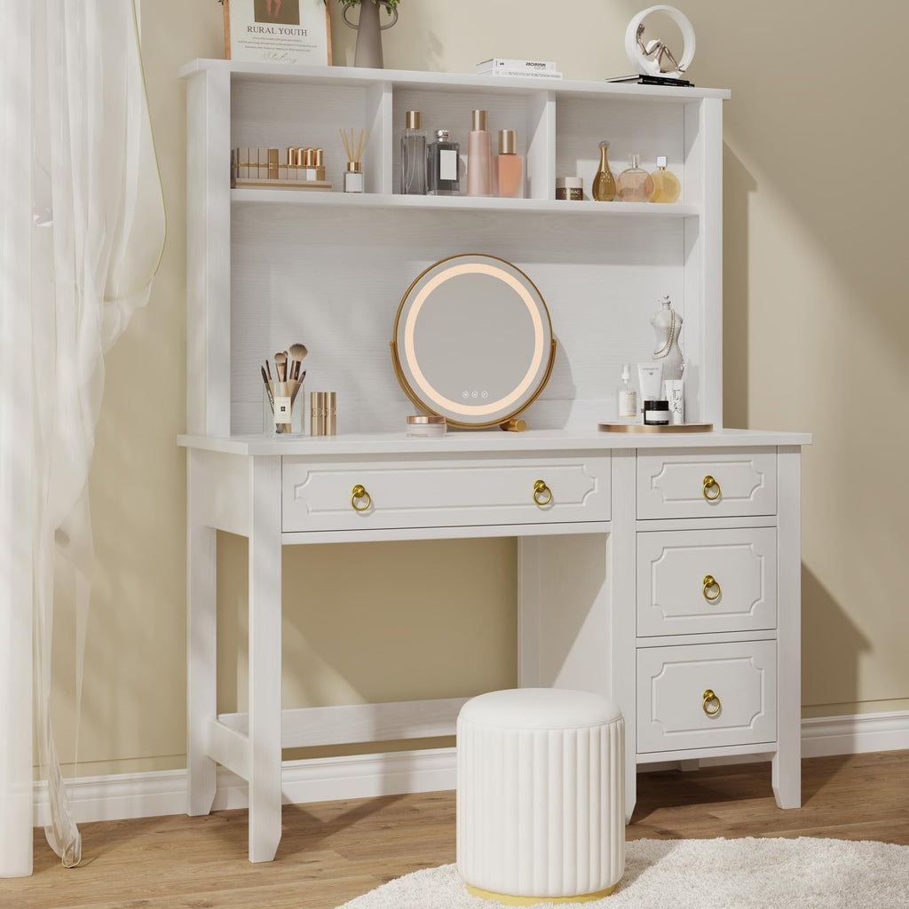 47" White and Gold Desk with Hutch and 4 Drawers R7170