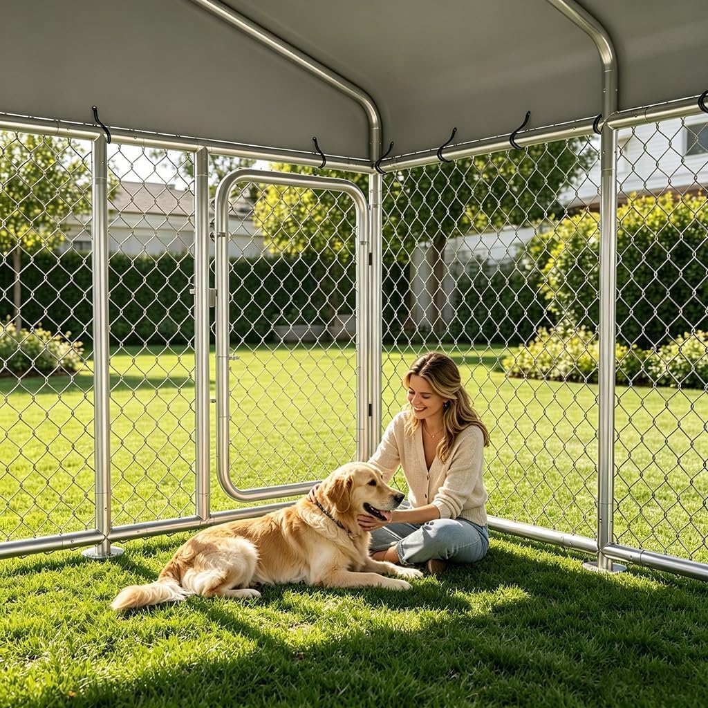 7.55x7.55ft Metal Outdoor Dog Kennel with Roof T424