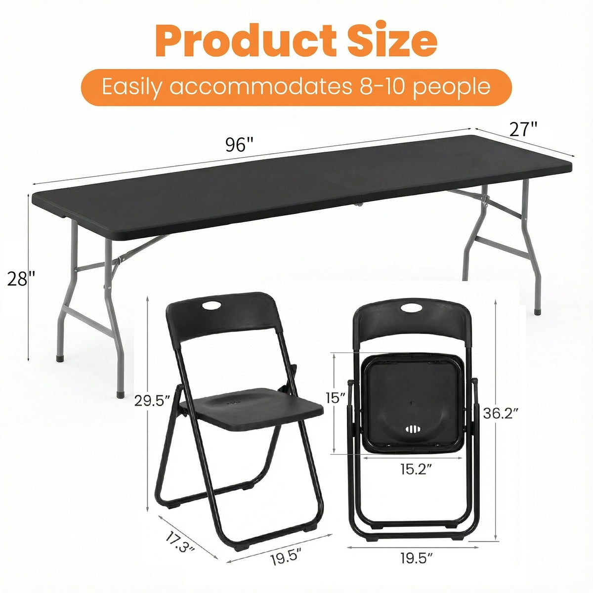 Black 8 Feet Foldable Picnic Table with 10 Folding Chairs Q45543