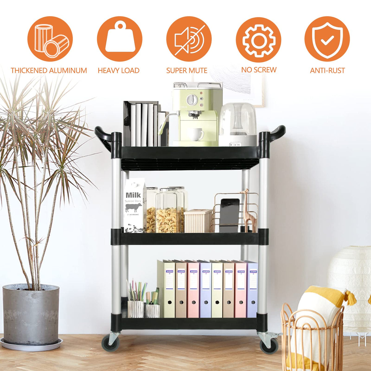 3-Tier Rolling Utility Cart with Lockable Wheels W98446