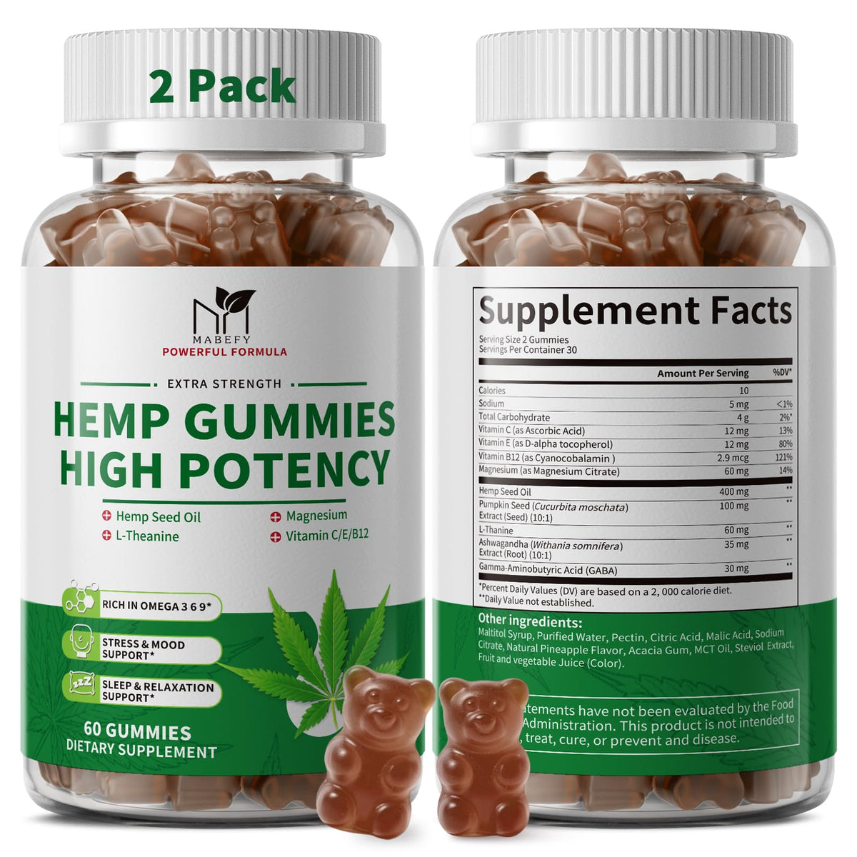 2 Pack Hemp Gummies with Magnesium, Vitamins, Pumpkin Seed, Ashwagandha, GABA, L-Theanine, Pineapple Flavor, 120 Bears, Vegan U35695
