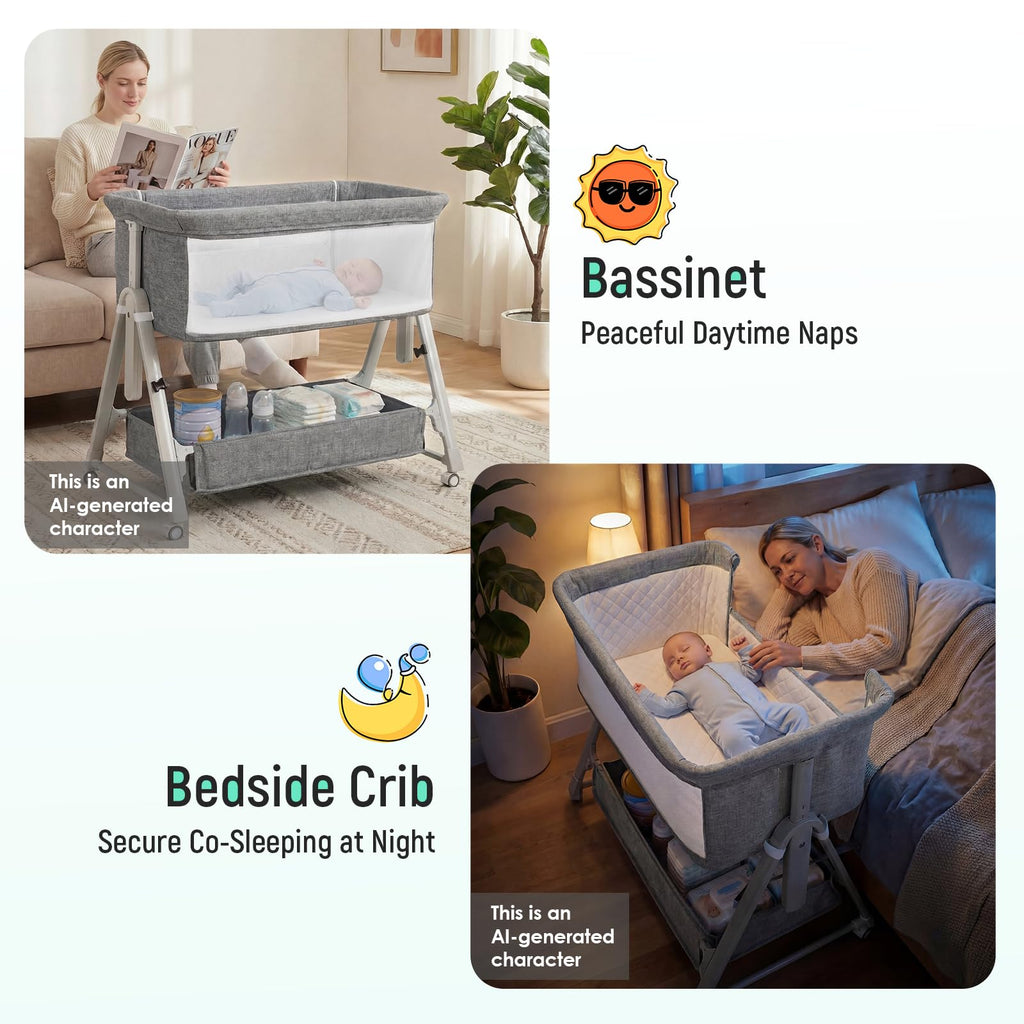 Baby Bassinet Bedside Crib with Mattress Wheel Storage Travel Bag Light Grey H497982