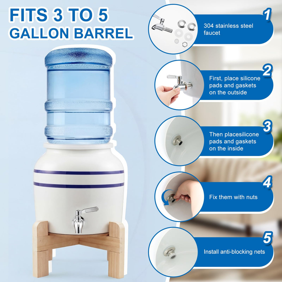 Ceramic Water Dispenser with Wood Stand and Stainless Steel Faucet V9772