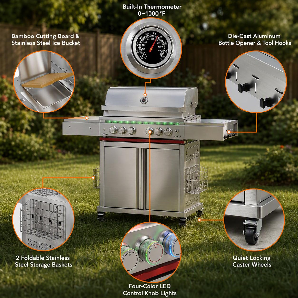 Heavy-duty SUS304 Stainless Steel 6-Burner Propane Gas Grill E289155