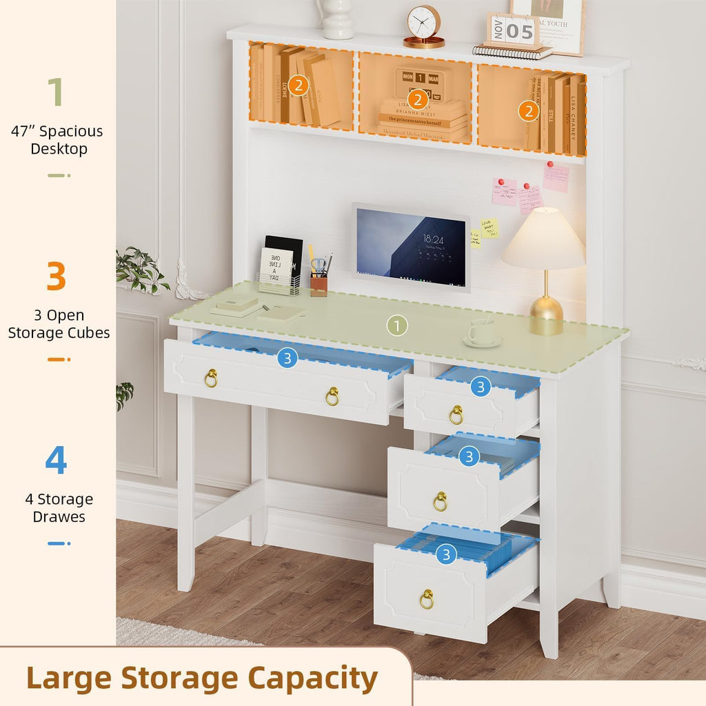 47" White and Gold Desk with Hutch and 4 Drawers R7170