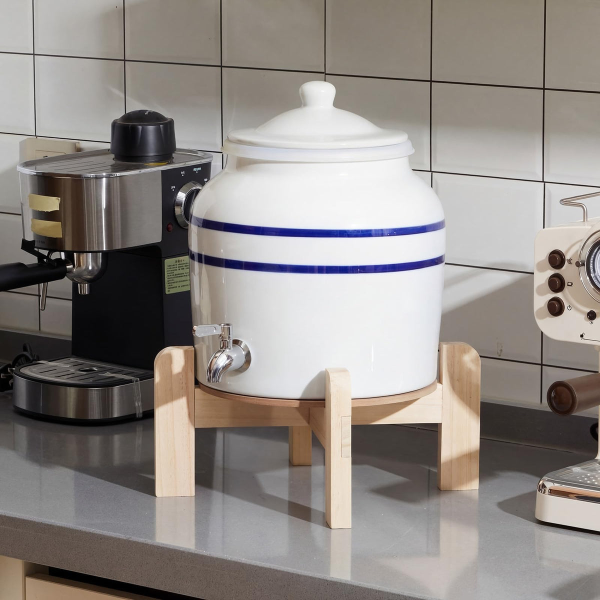 Ceramic Water Dispenser with Wood Stand and Stainless Steel Faucet V9772