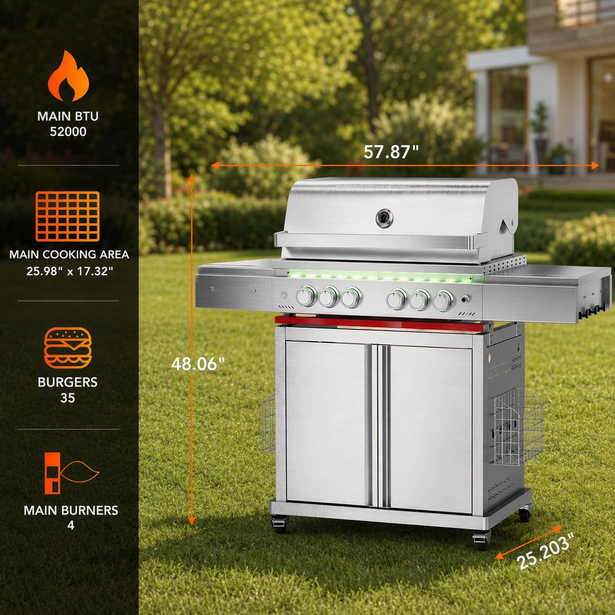 Heavy-duty SUS304 Stainless Steel 6-Burner Propane Gas Grill E289155