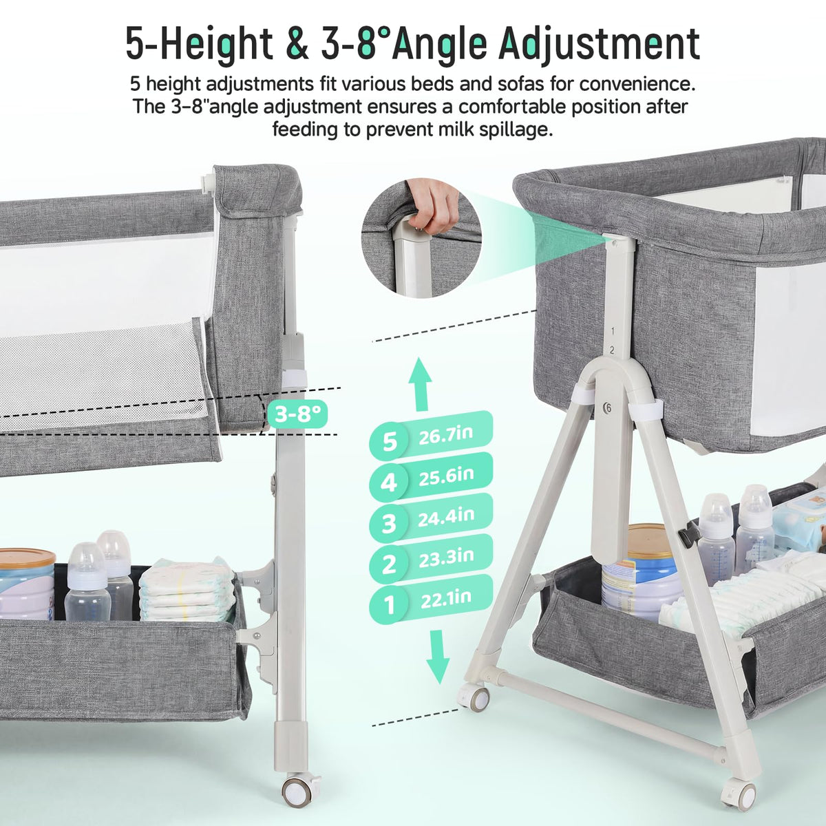 Baby Bassinet Bedside Crib with Mattress Wheel Storage Travel Bag Light Grey H497982