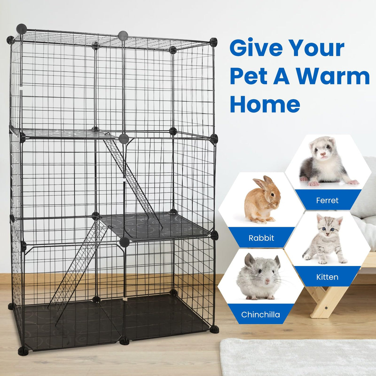 3 Tier Metal Cat Playpen Cage with 3 Doors 2 Ladders D55832