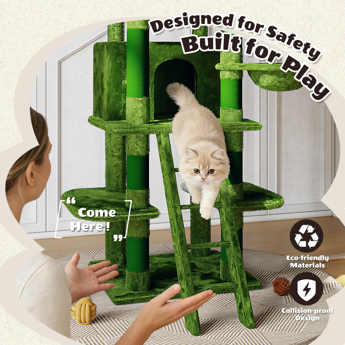 70.87" Green Multi-Level Cat Tree with Condos and Hammock M7292