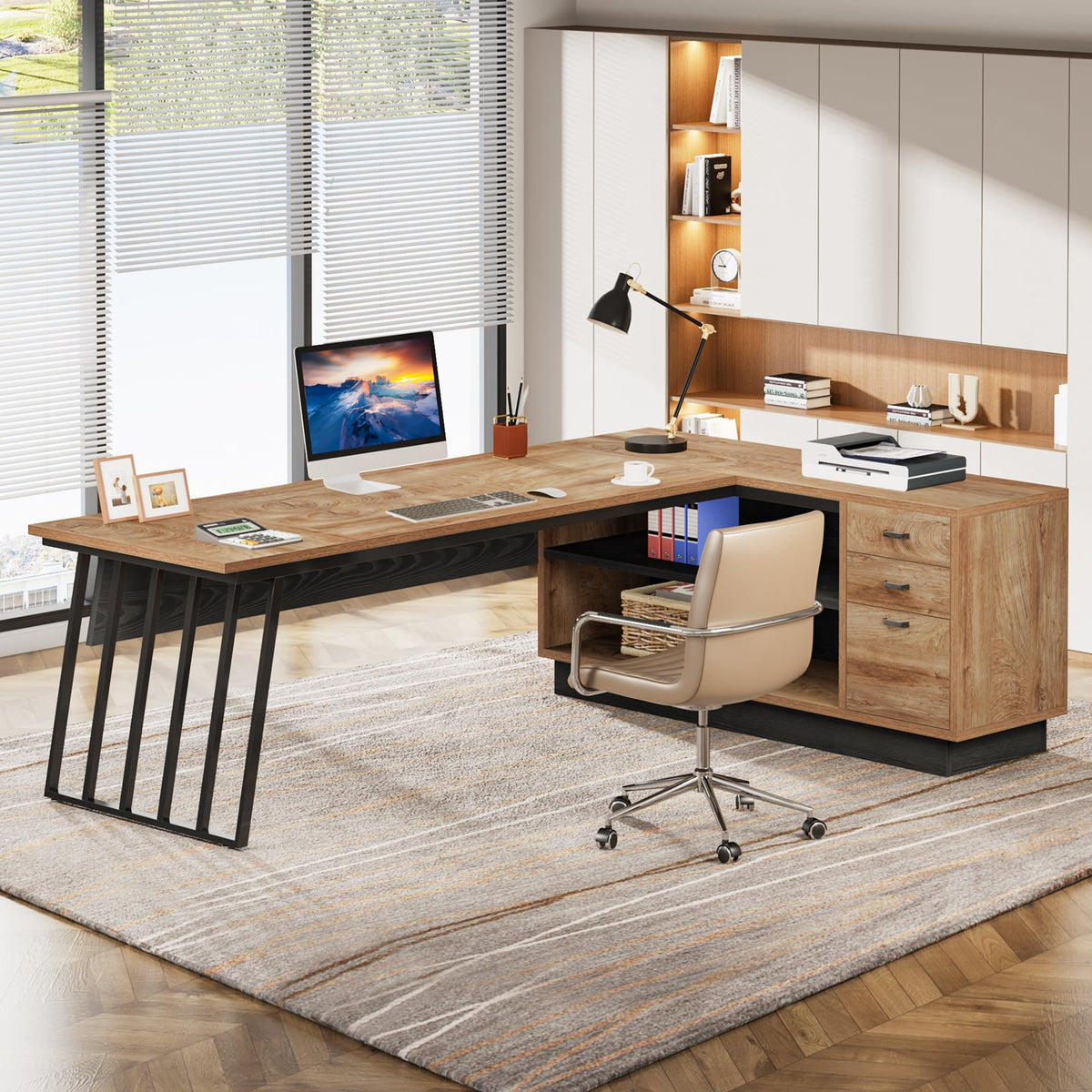 71-Inch L-Shaped Executive Desk with Cabinet Z560