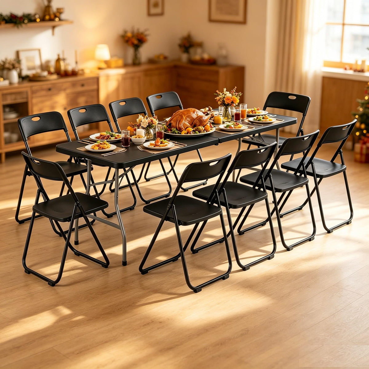 Black 8 Feet Foldable Picnic Table with 10 Folding Chairs Q45543