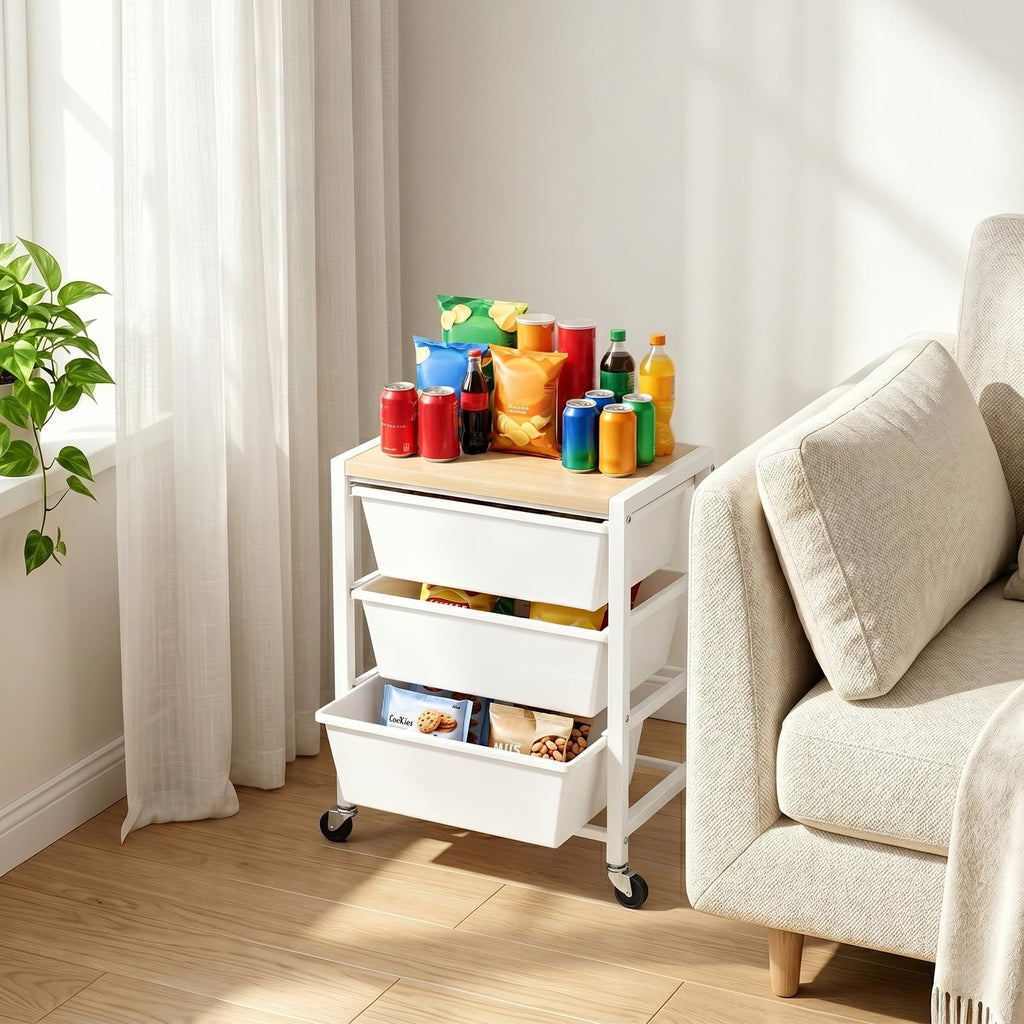 Rolling Cart with 3 Drawers, Lockable Wheels & Wooden Tabletop, Bright White C714821
