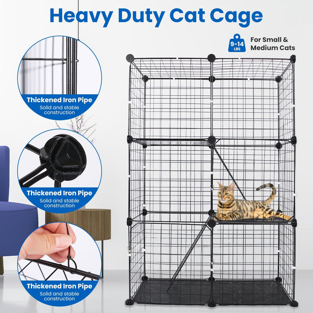 3 Tier Metal Cat Playpen Cage with 3 Doors 2 Ladders D55832