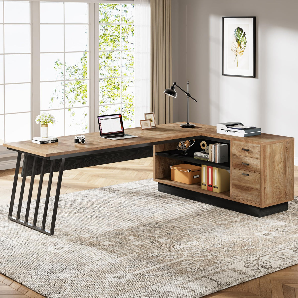 71-Inch L-Shaped Executive Desk with Cabinet Z560