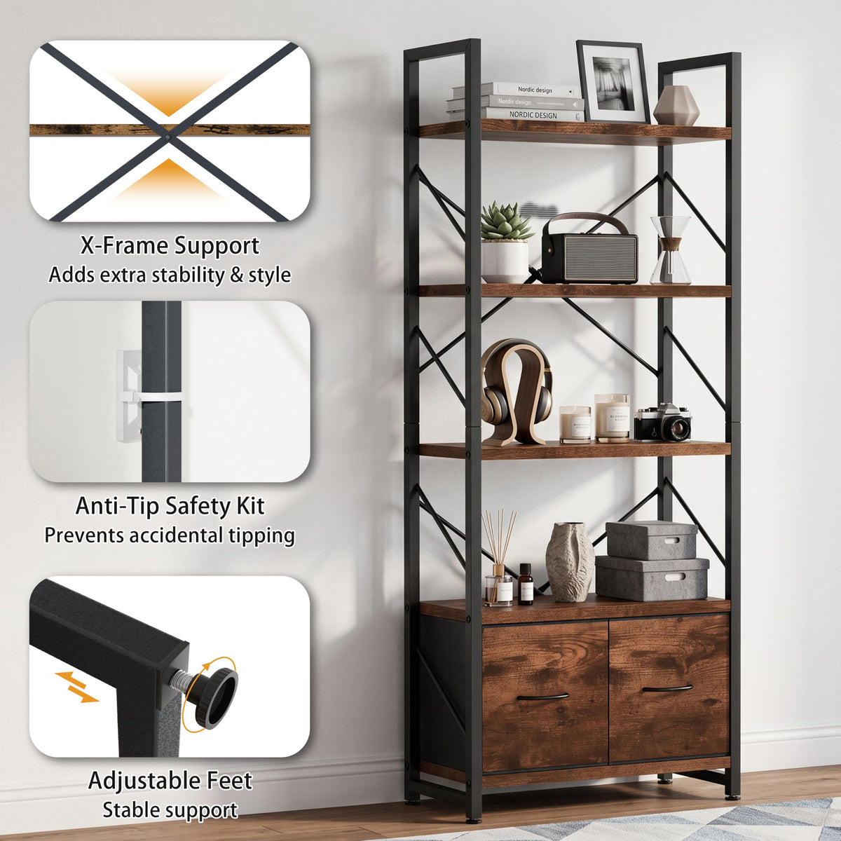 5 Tier Wood Bookshelf with Drawer W20252