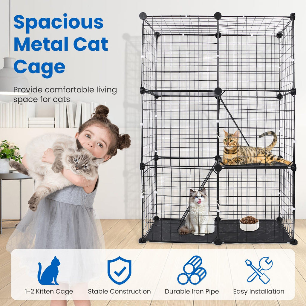 3 Tier Metal Cat Playpen Cage with 3 Doors 2 Ladders D55832