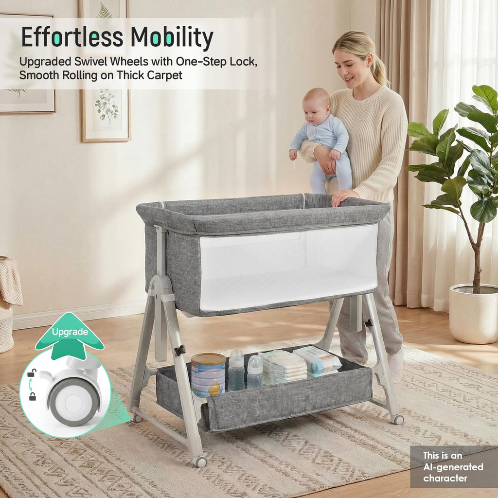 Baby Bassinet Bedside Crib with Mattress Wheel Storage Travel Bag Light Grey H497982
