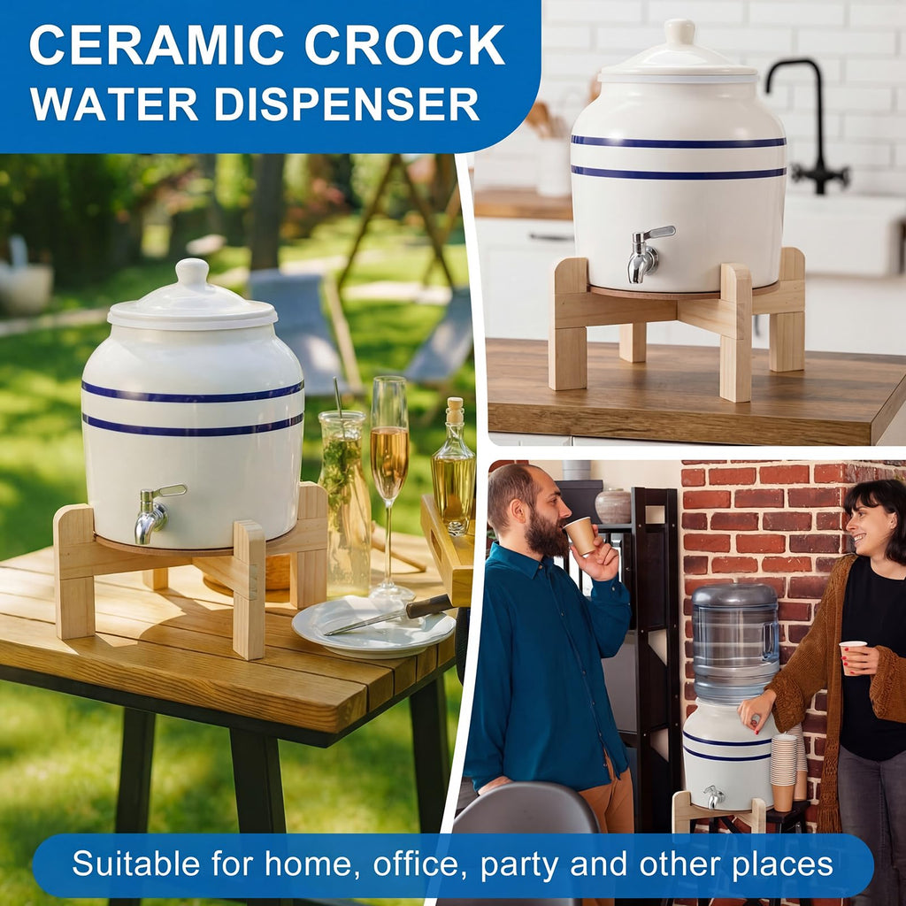 Ceramic Water Dispenser with Wood Stand and Stainless Steel Faucet V9772