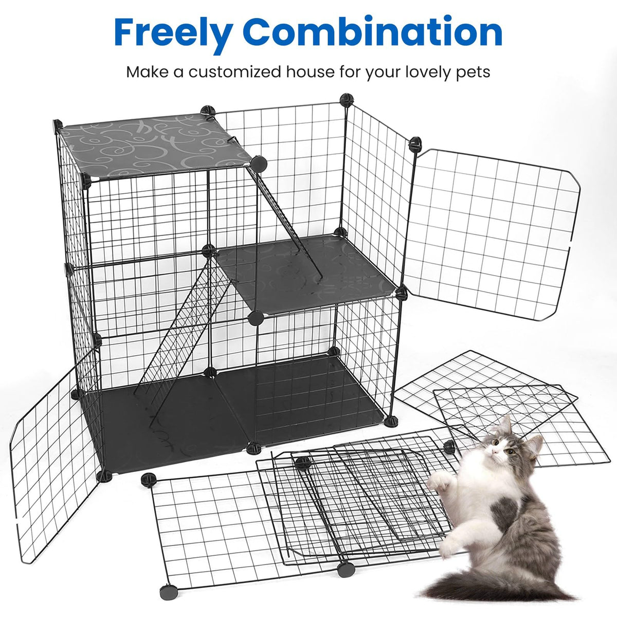3 Tier Metal Cat Playpen Cage with 3 Doors 2 Ladders D55832