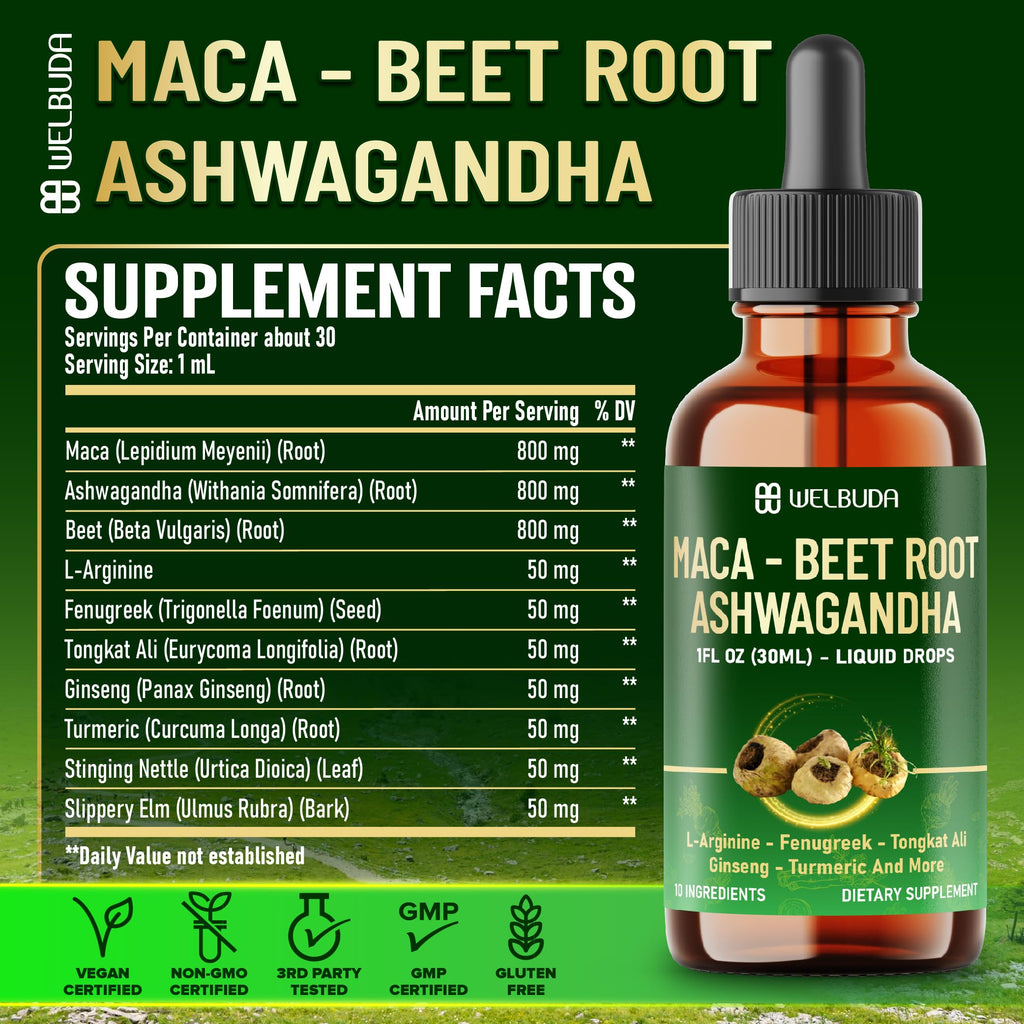 Maca Root Liquid Drops with Ashwagandha, Fenugreek, Beet Root and L-Arginine, 1 FL Oz Z45673