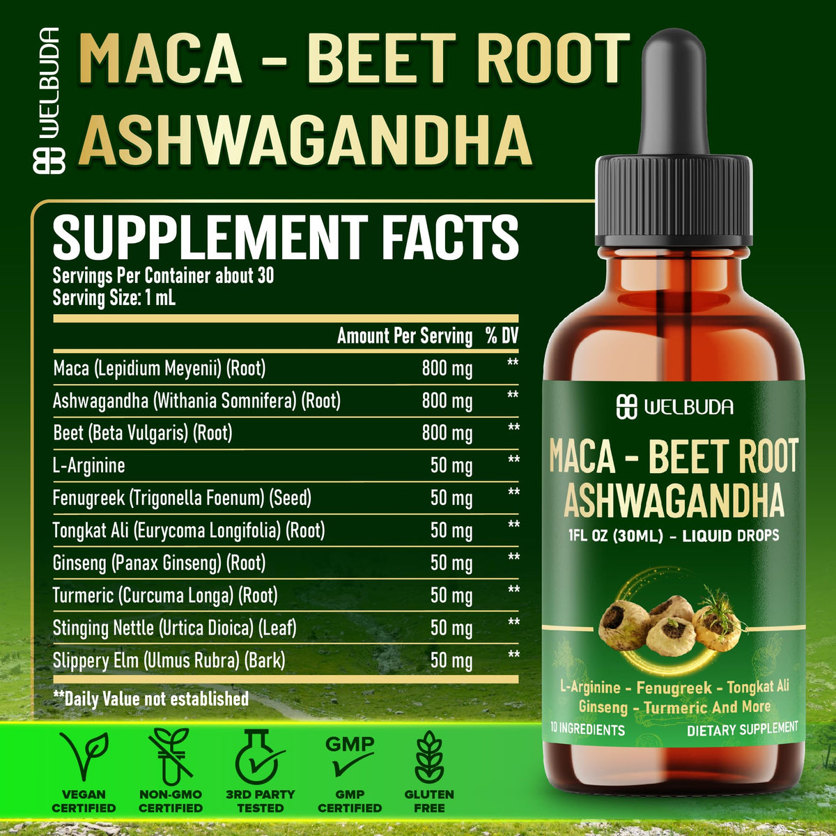 Maca Root Liquid Drops with Ashwagandha, Fenugreek, Beet Root and L-Arginine, 1 FL Oz Z45673