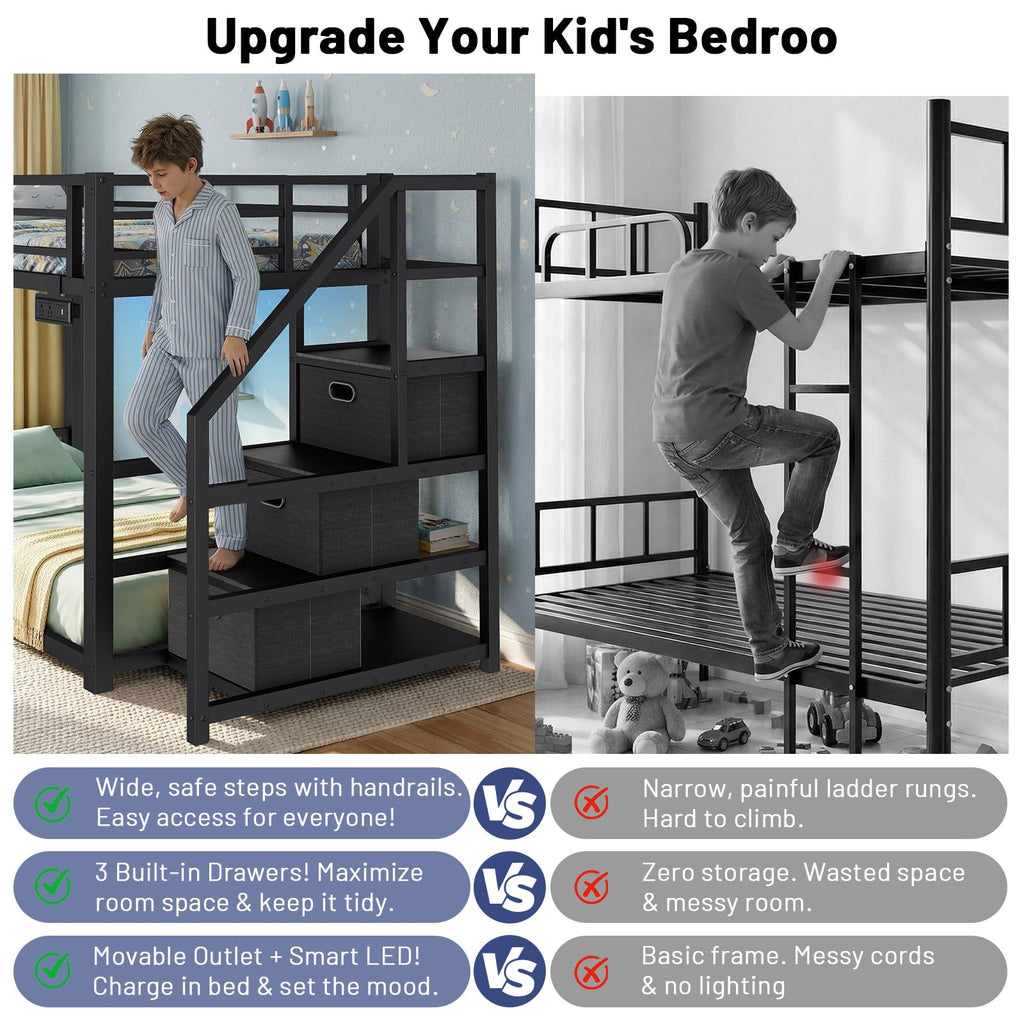 Twin Over Twin Metal Bunk Bed with Storage Stairs, Drawers & Shelves, Power Outlet and RGB LED Lights, Safety Guardrails & Metal Slats (Black) K831
