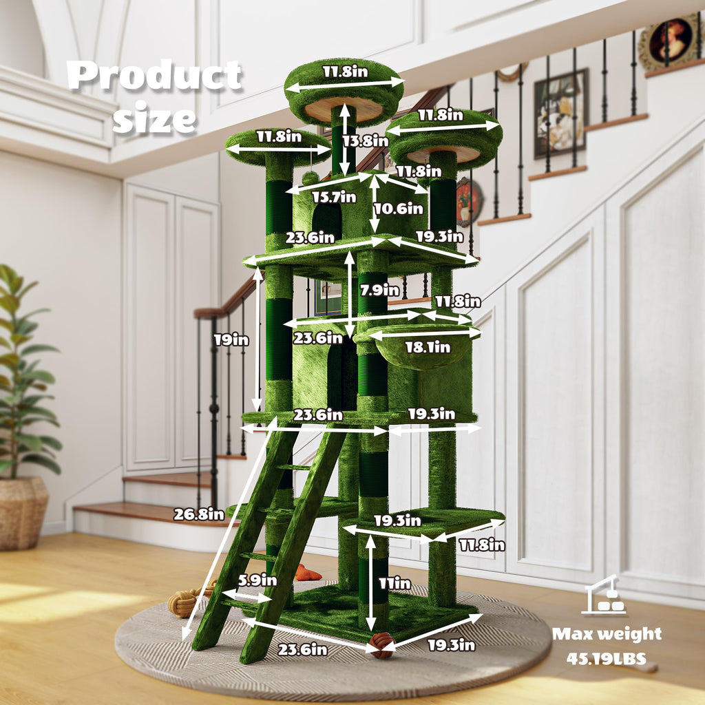 70.87" Green Multi-Level Cat Tree with Condos and Hammock M7292