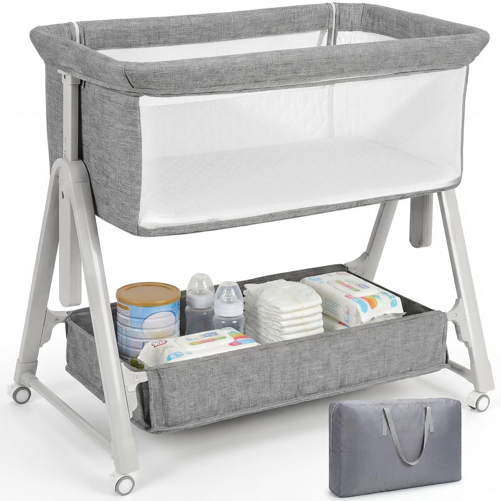 Baby Bassinet Bedside Crib with Mattress Wheel Storage Travel Bag Light Grey H497982