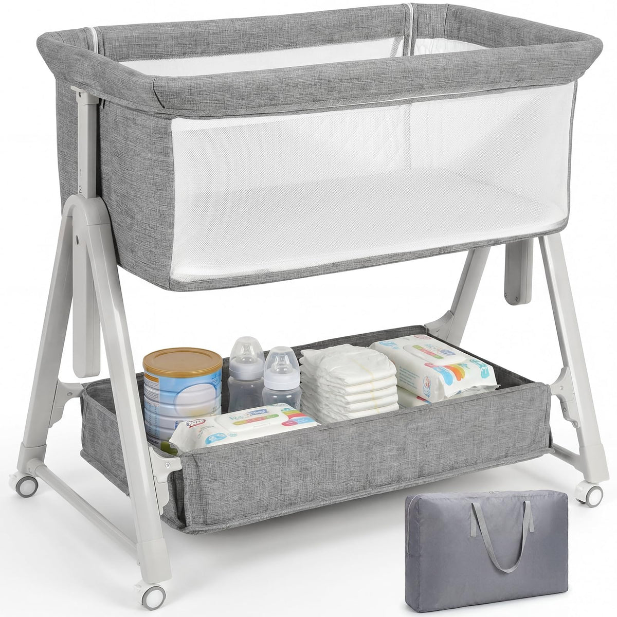 Baby Bassinet Bedside Crib with Mattress Wheel Storage Travel Bag Light Grey H497982