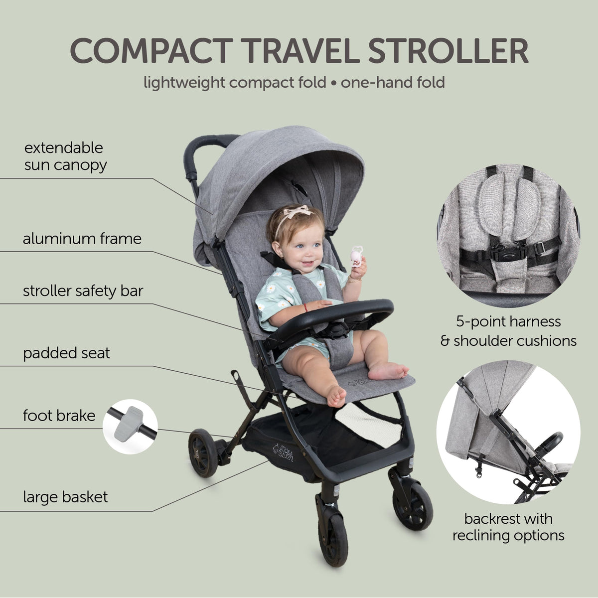 Lightweight Compact Travel Stroller with Canopy, Storage Basket & Recline B808
